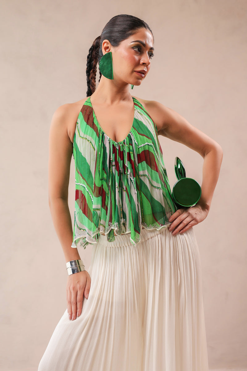 Vegas green halter boho top with Ivory cutwork Palazzo set