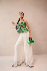 Vegas green halter boho top with Ivory cutwork Palazzo set