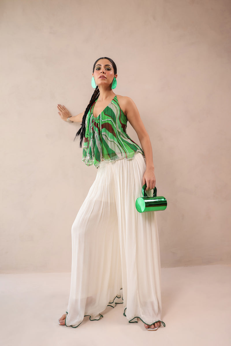Vegas green halter boho top with Ivory cutwork Palazzo set