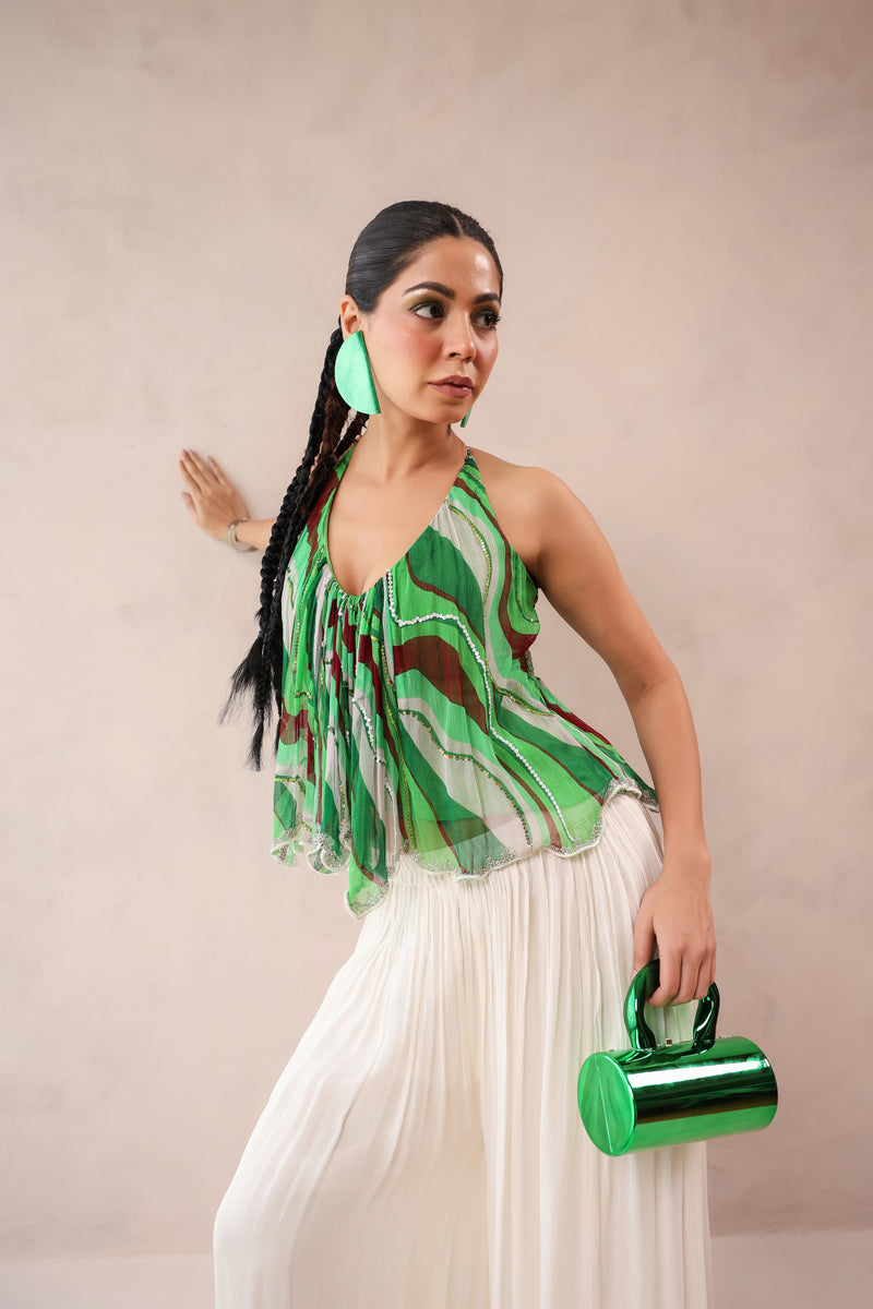 Vegas green halter boho top with Ivory cutwork Palazzo set