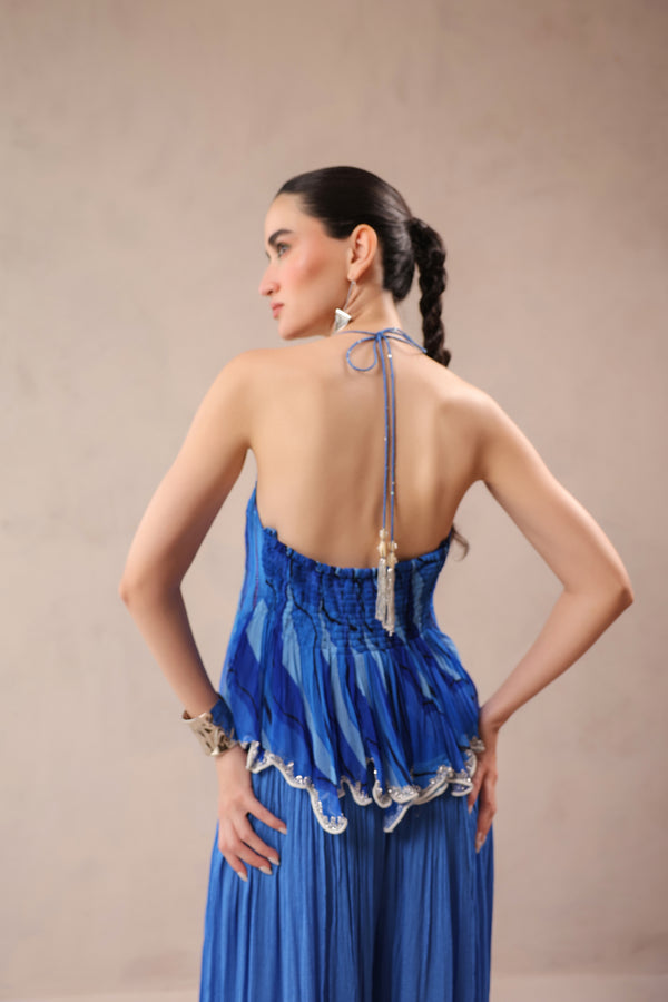 Vegas blue boho halter top with ocean blue cutwork palazzo set