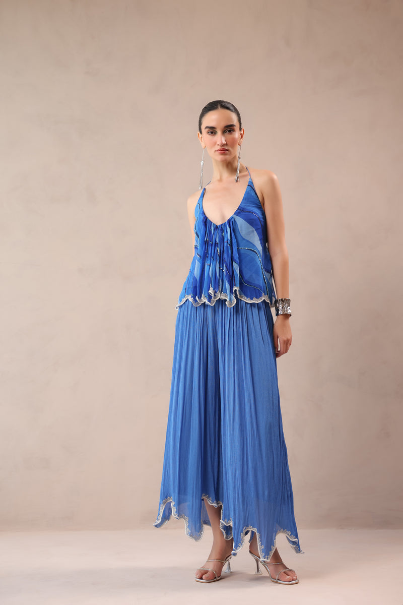 Vegas blue boho halter top with ocean blue cutwork palazzo set