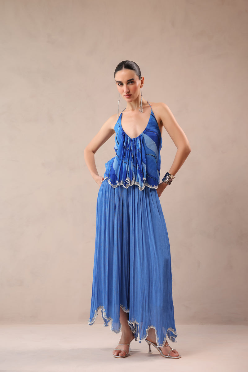 Vegas blue boho halter top with ocean blue cutwork palazzo set