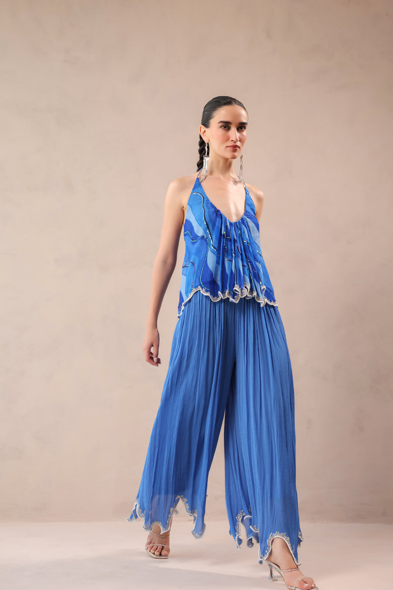 Vegas blue boho halter top with ocean blue cutwork palazzo set