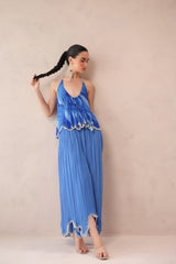 Vegas blue boho halter top with ocean blue cutwork palazzo set