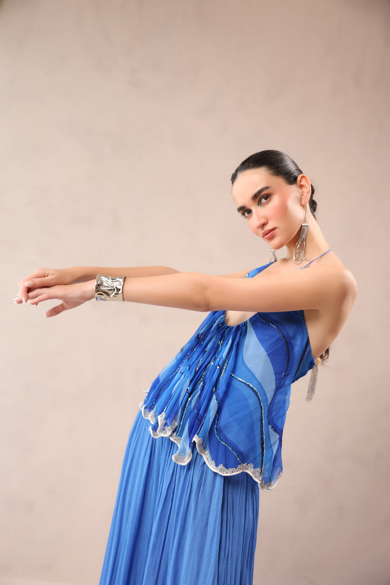 Vegas blue boho halter top with ocean blue cutwork palazzo set
