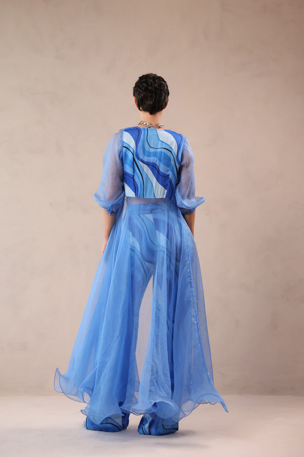 Ocean Blue sheer jacket & tide bling top with Atlantic Blue lehar Print  pant set