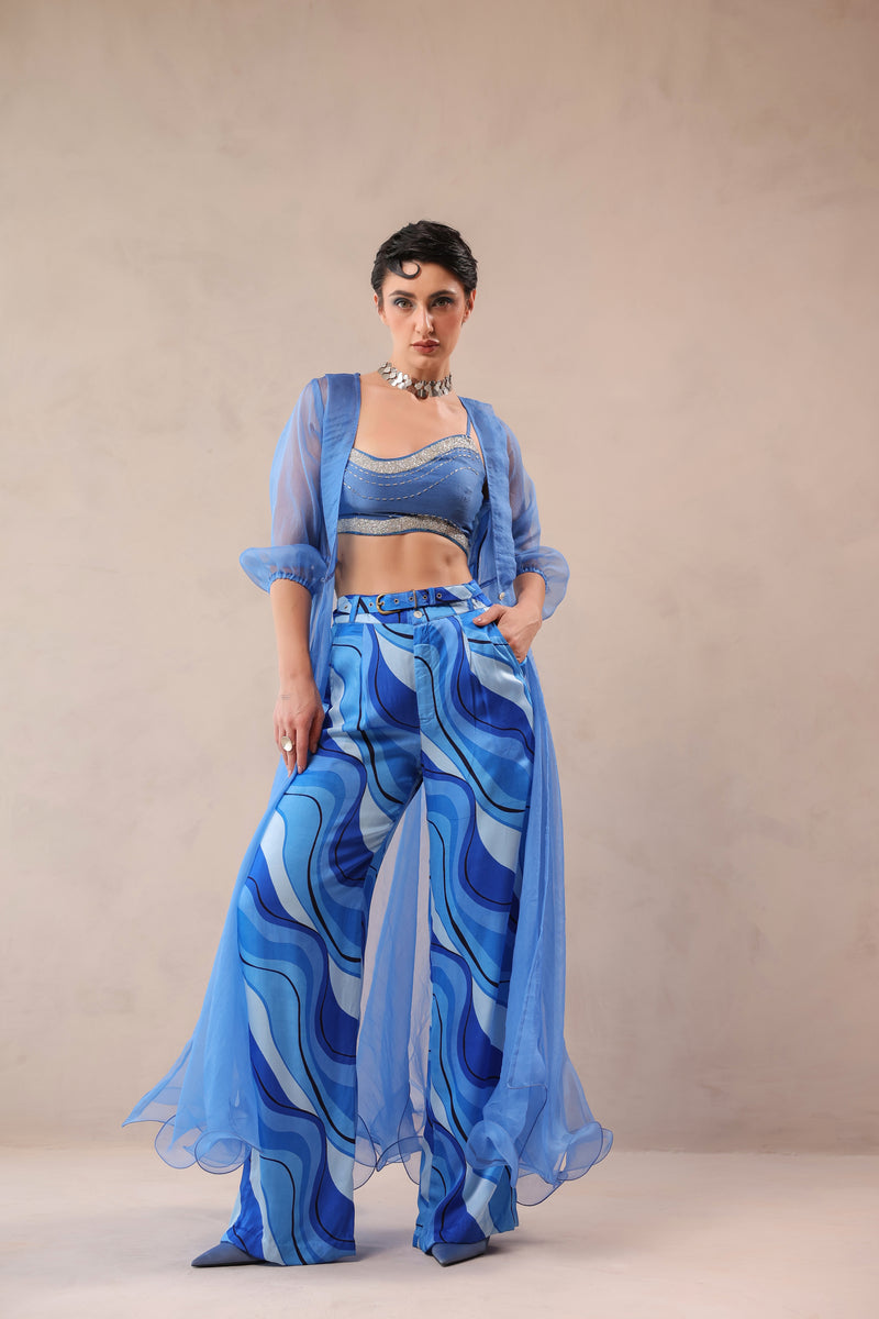Ocean Blue sheer jacket & tide bling top with Atlantic Blue lehar Print  pant set