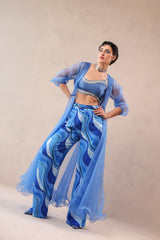 Ocean Blue sheer jacket & tide bling top with Atlantic Blue lehar Print  pant set