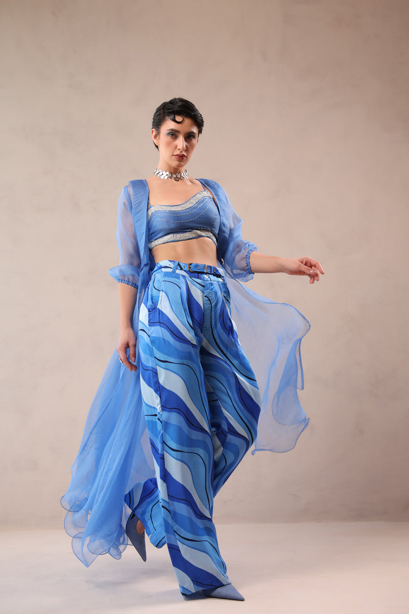 Ocean Blue sheer jacket & tide bling top with Atlantic Blue lehar Print  pant set