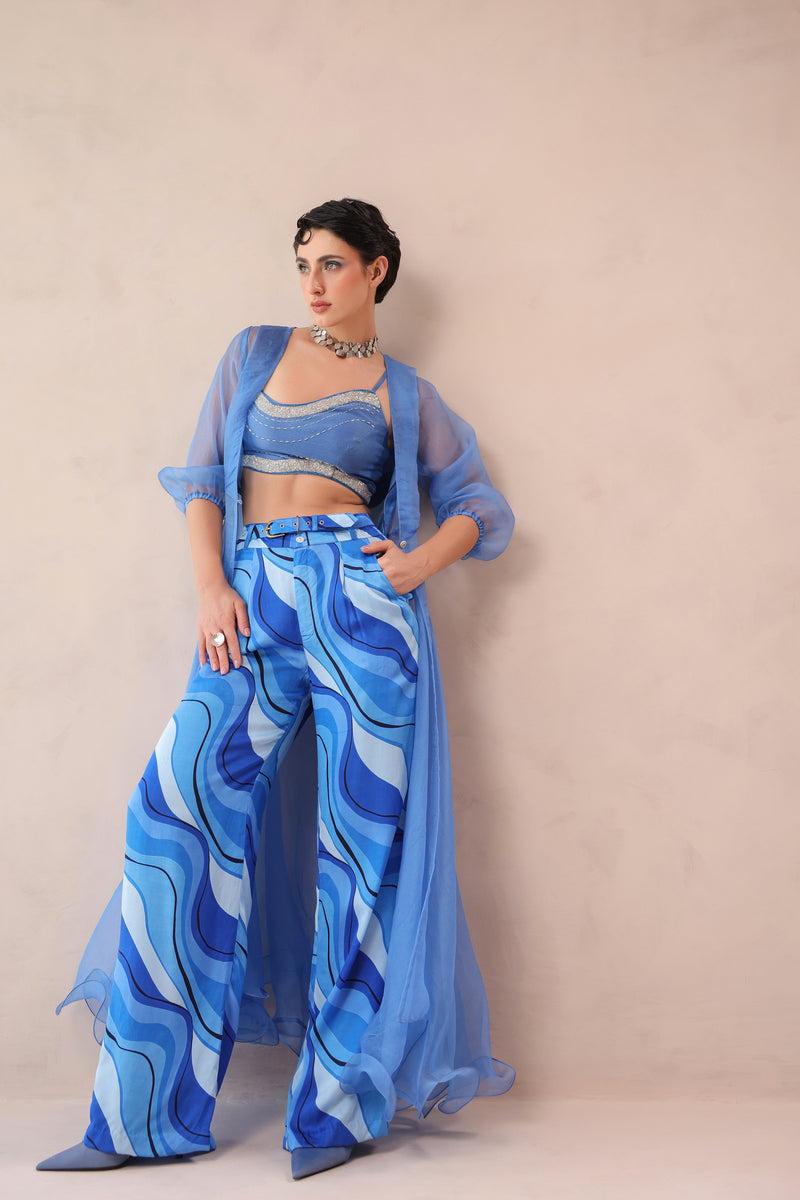 Ocean Blue sheer jacket & tide bling top with Atlantic Blue lehar Print  pant set