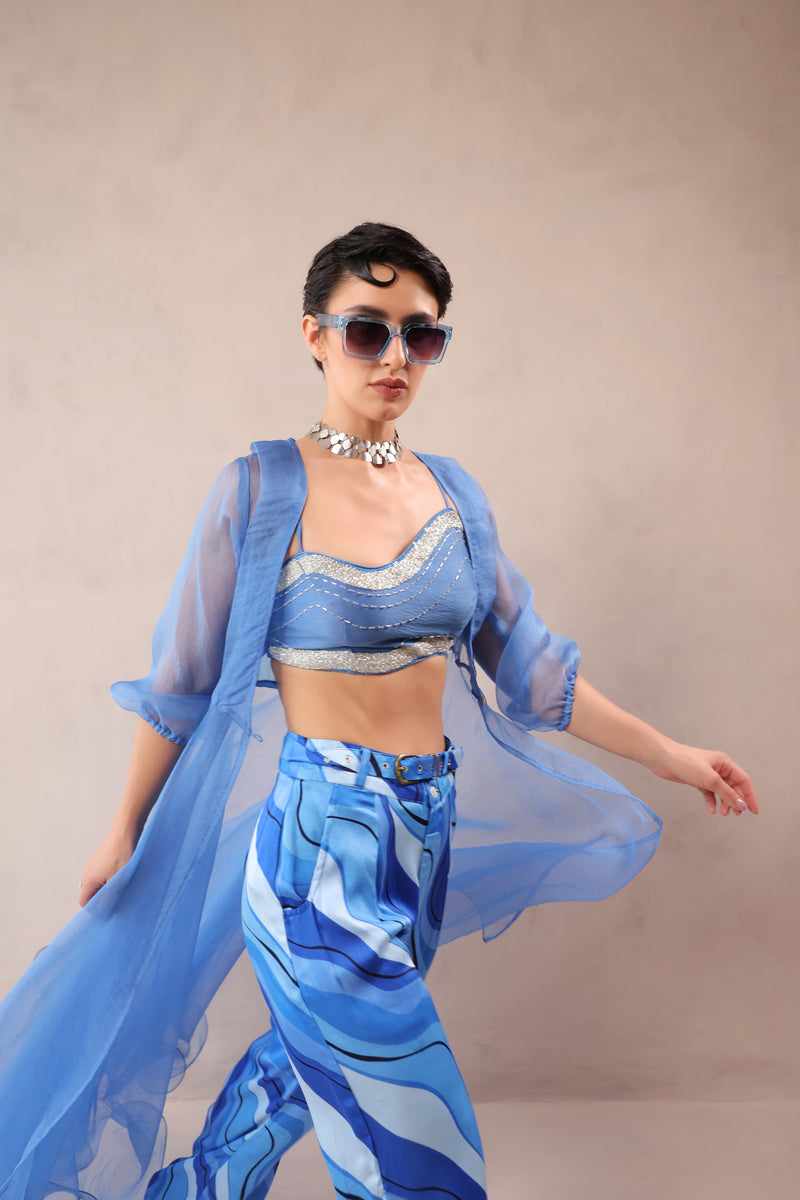 Ocean Blue sheer jacket & tide bling top with Atlantic Blue lehar Print  pant set
