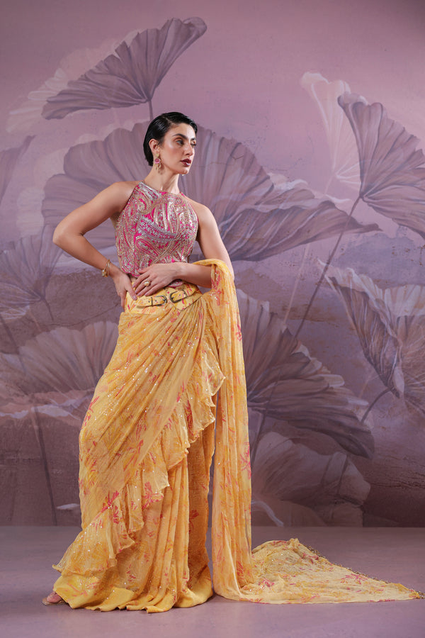 The alipore jhilmil saree set in butter yellow