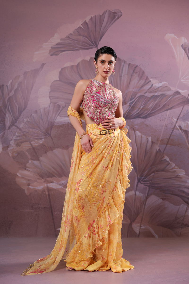 The alipore jhilmil saree set in butter yellow with Ambi Rani Blouse