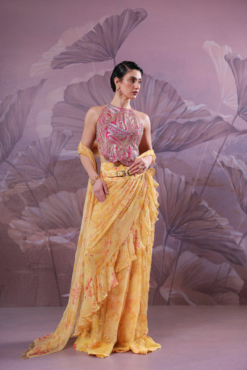 The alipore jhilmil saree set in butter yellow with Ambi Rani Blouse