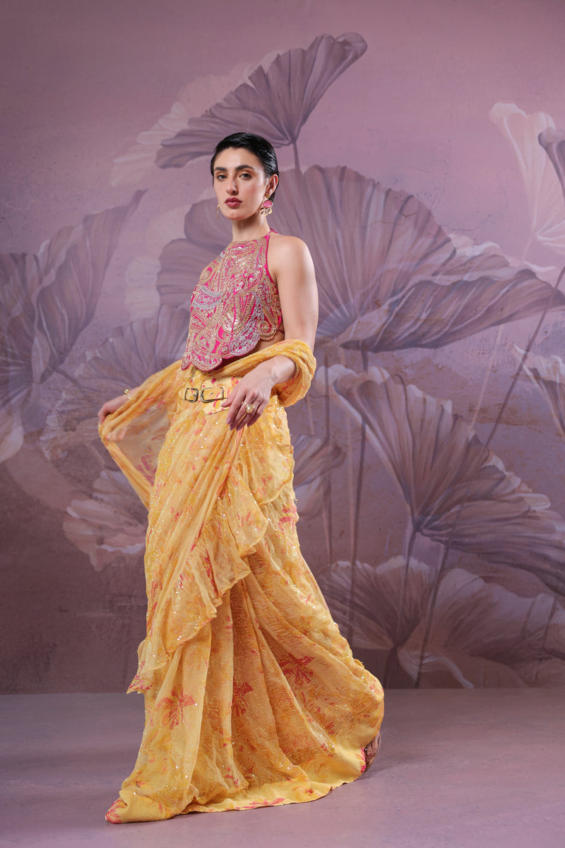 The alipore jhilmil saree set in butter yellow with Ambi Rani Blouse