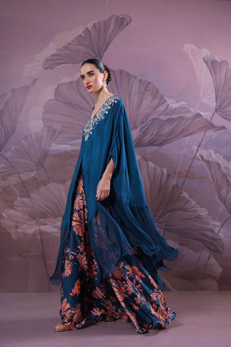 The Prussian blue Chakarborty gotaphool kaftaan set
