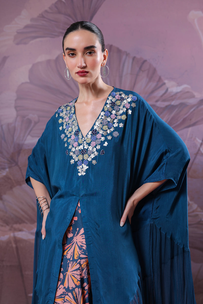 The Prussian blue Chakarborty gotaphool kaftaan set