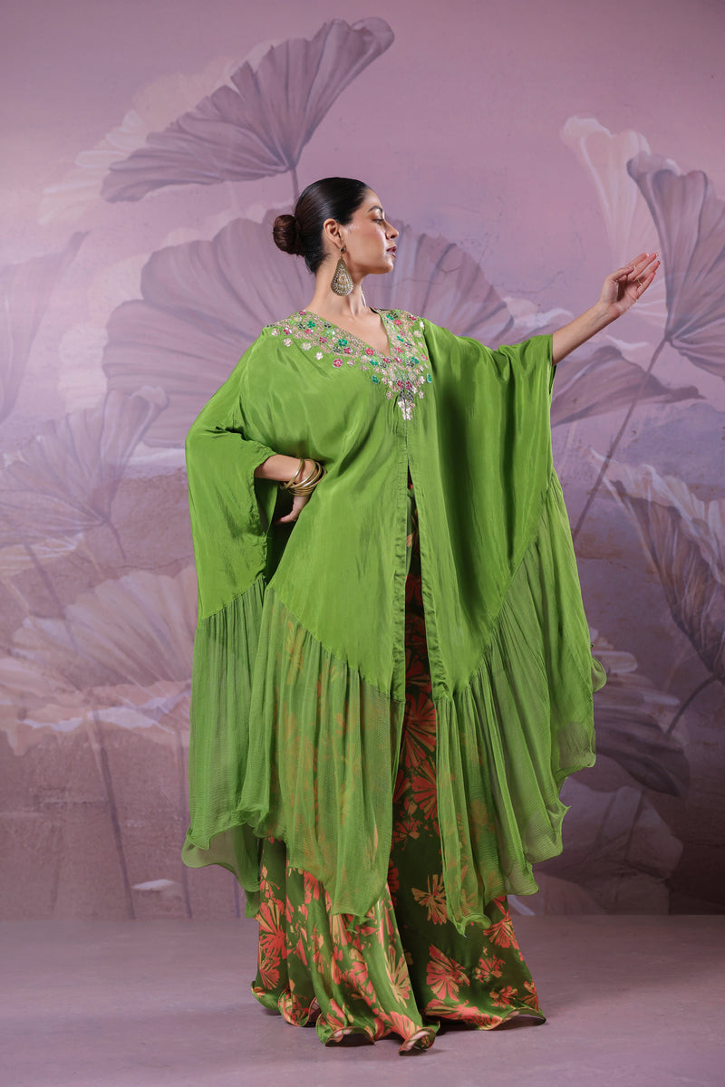 The Avacado Green Chakarborty gotaphool kaftaan set