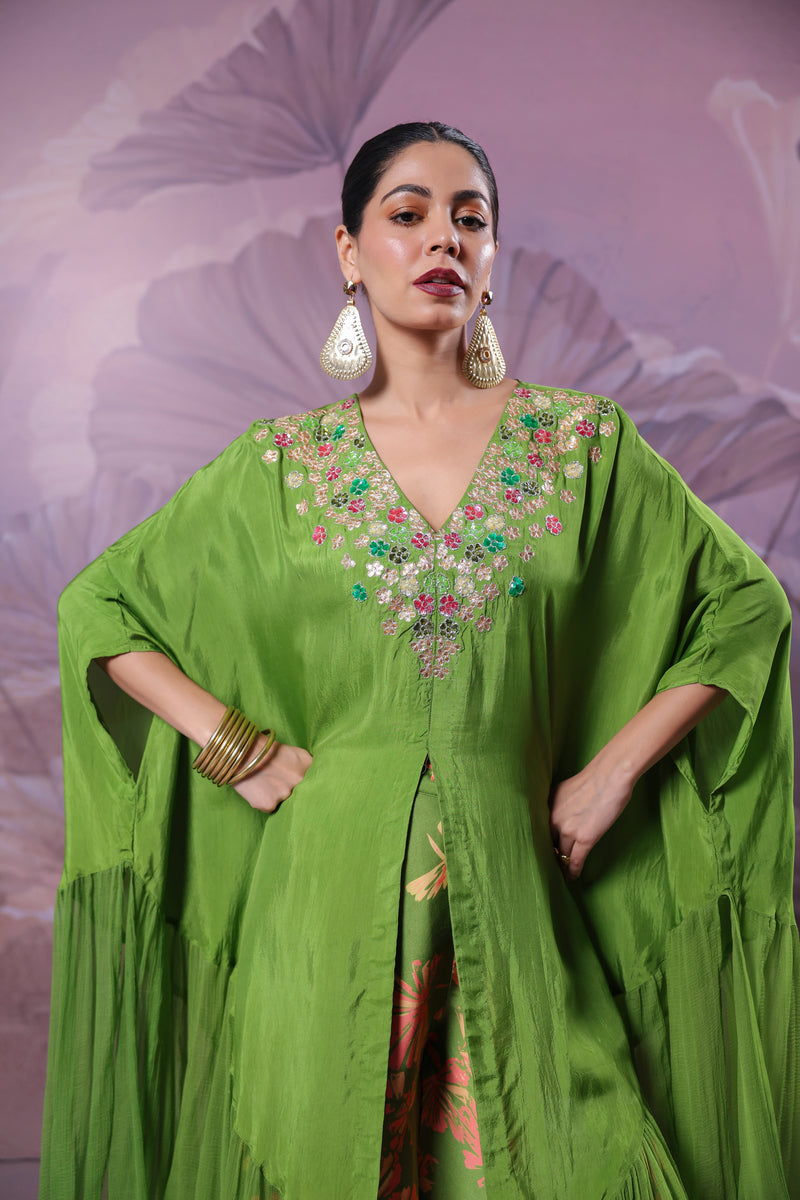 The Avacado Green Chakarborty gotaphool kaftaan set