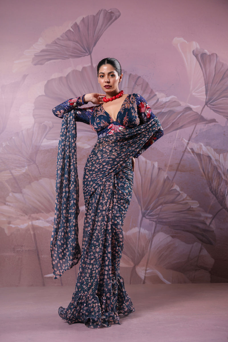 The prussian blue calcutta Jhilmil saree
