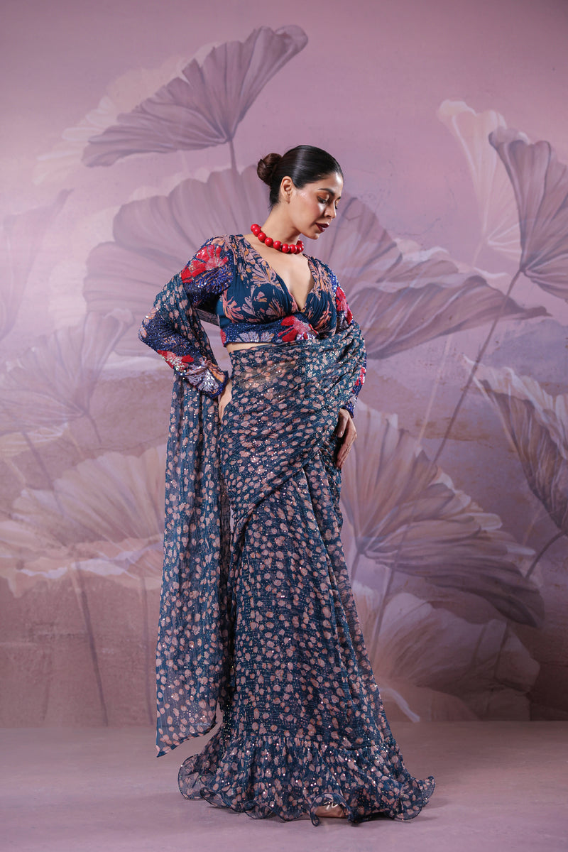 The prussian blue calcutta Jhilmil saree