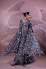 The prussian blue calcutta jhilmil saree with Cape