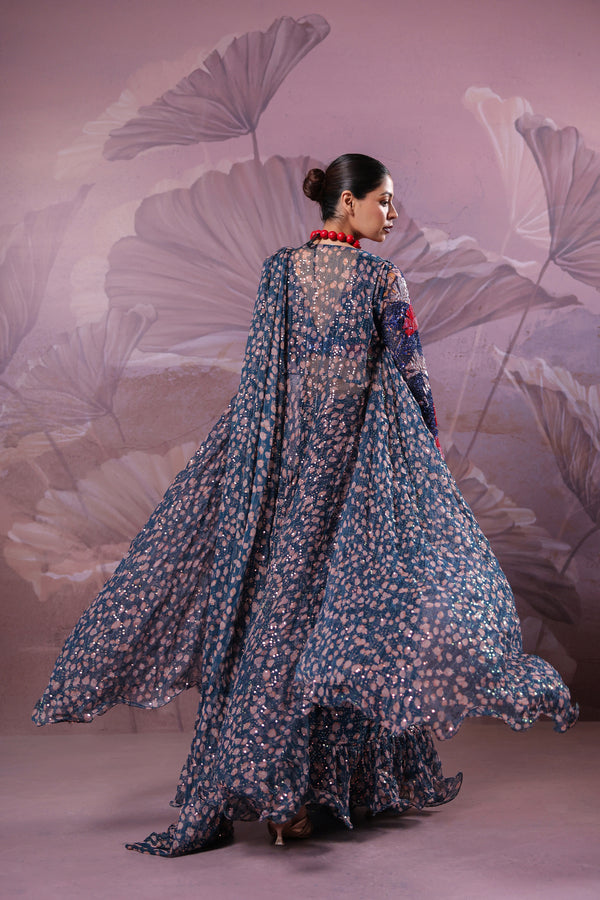 The prussian blue calcutta jhilmil saree with Cape