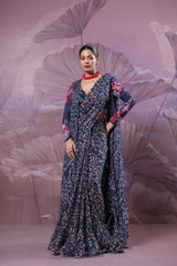 The prussian blue calcutta jhilmil saree with Cape