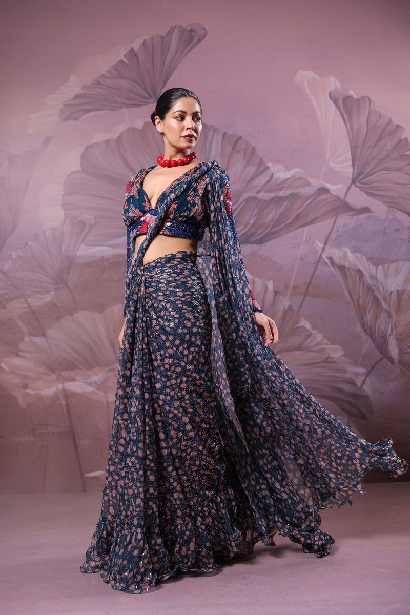 The prussian blue calcutta jhilmil saree with Cape