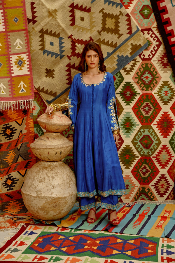 Cobalt blue Slit sleeve Anarkali set with Multi colour Indi-leheriya  Dupatta