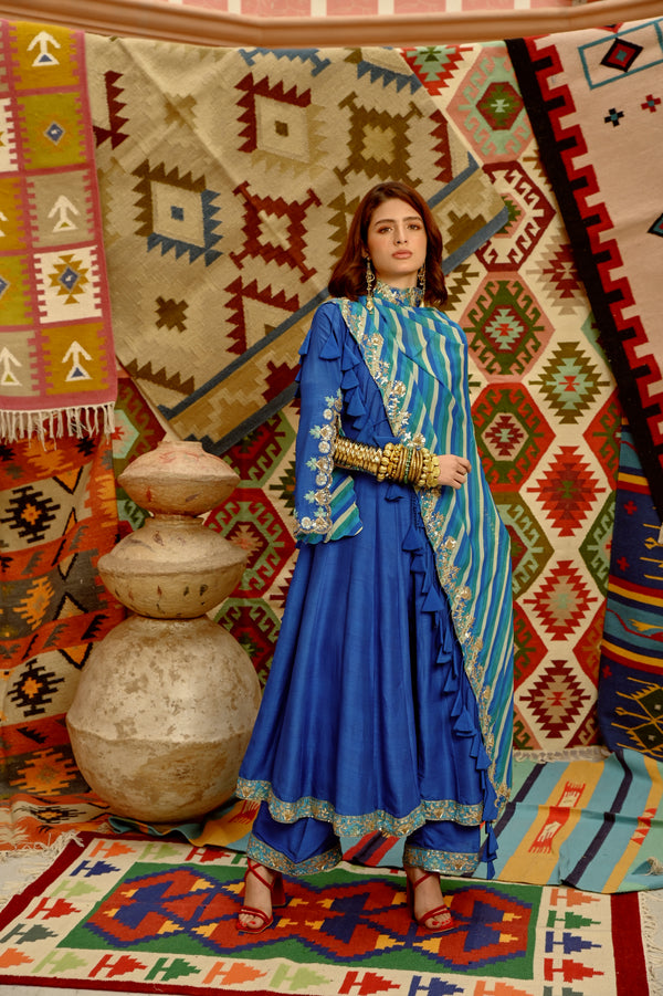 Cobalt blue Slit sleeve Anarkali set with Multi colour Indi-leheriya  Dupatta