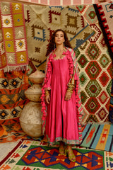 Hot Pink Slit sleeve Anarkali set with hot pink Indi-leheriya  Dupatta