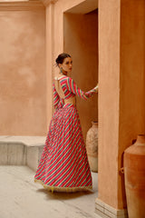 Hot pink indi-leheriya blouse with tassel lehenga and dupatta set