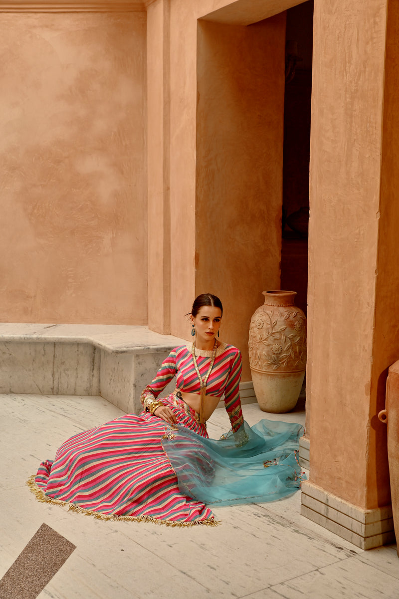 Hot pink indi-leheriya blouse with tassel lehenga and dupatta set