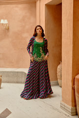 Multi color Indie-leheriya magzi kali jacket and sharara with heritage kurti.