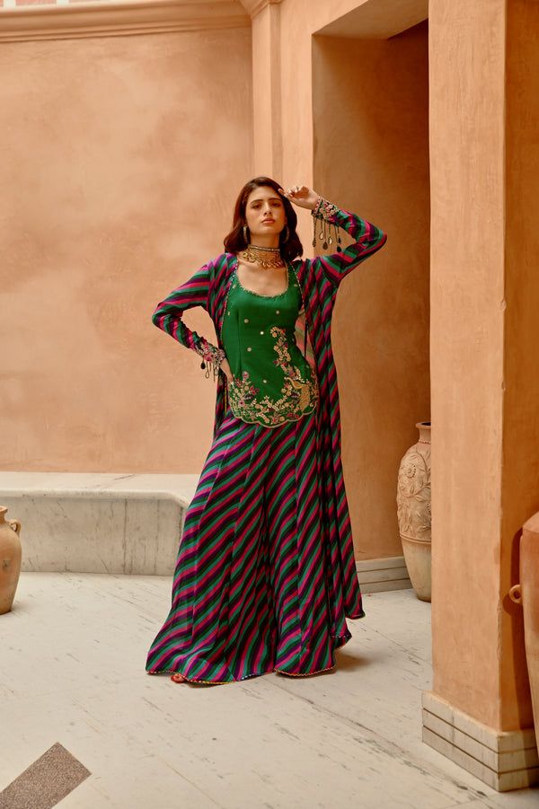 Multi color Indie-leheriya magzi kali jacket and sharara with heritage kurti.