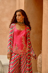 Hot pink Indie-leheriya magzi kali jacket and sharara with heritage kurti.