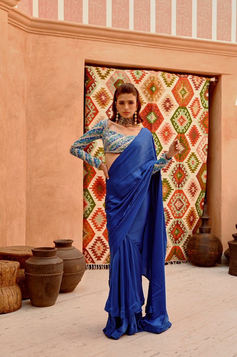 Cobalt blue drape saree with 'PRINCESS' blouse