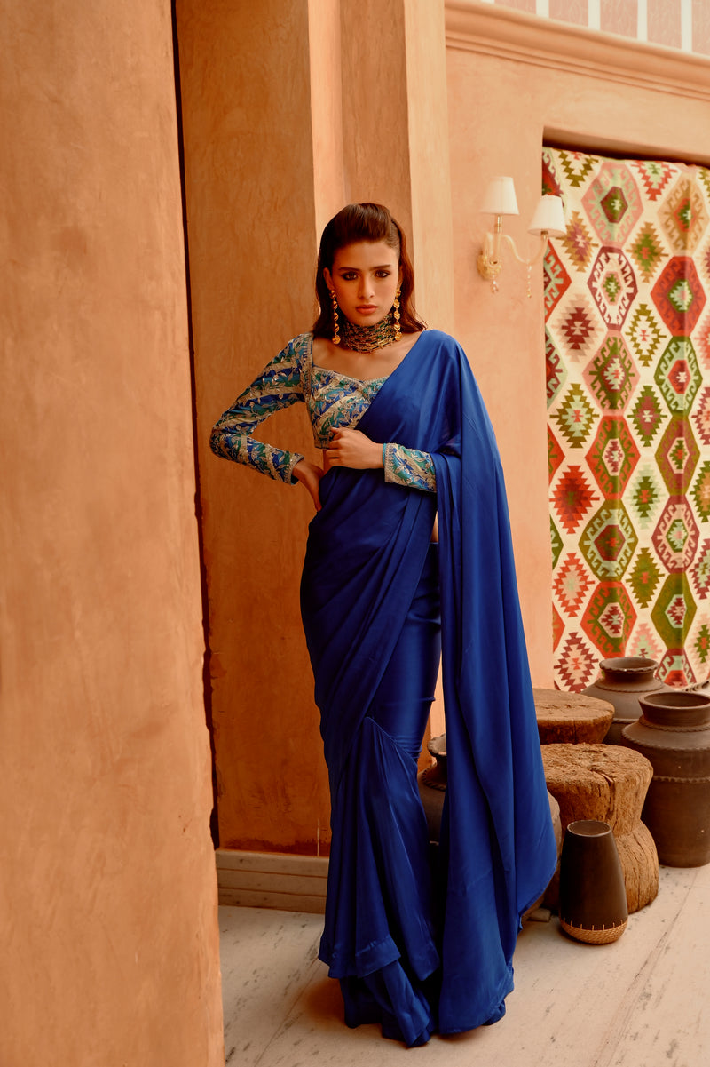 Cobalt blue drape saree with 'PRINCESS' blouse