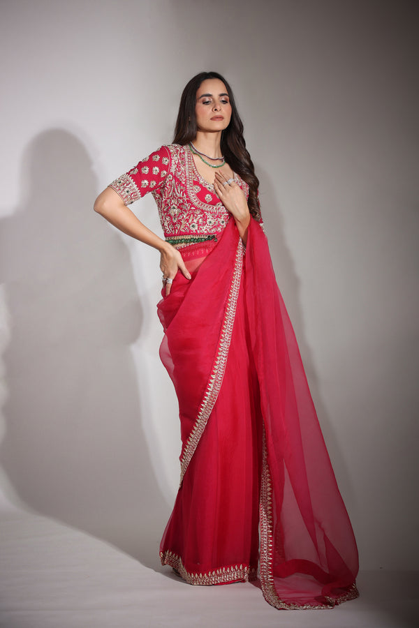 Haseena cherry red organza saree