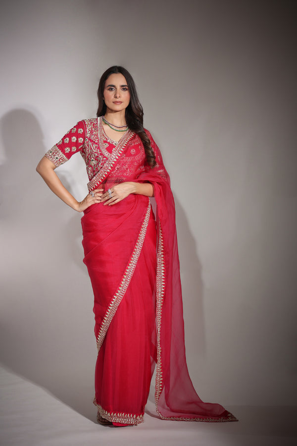 Haseena cherry red organza saree