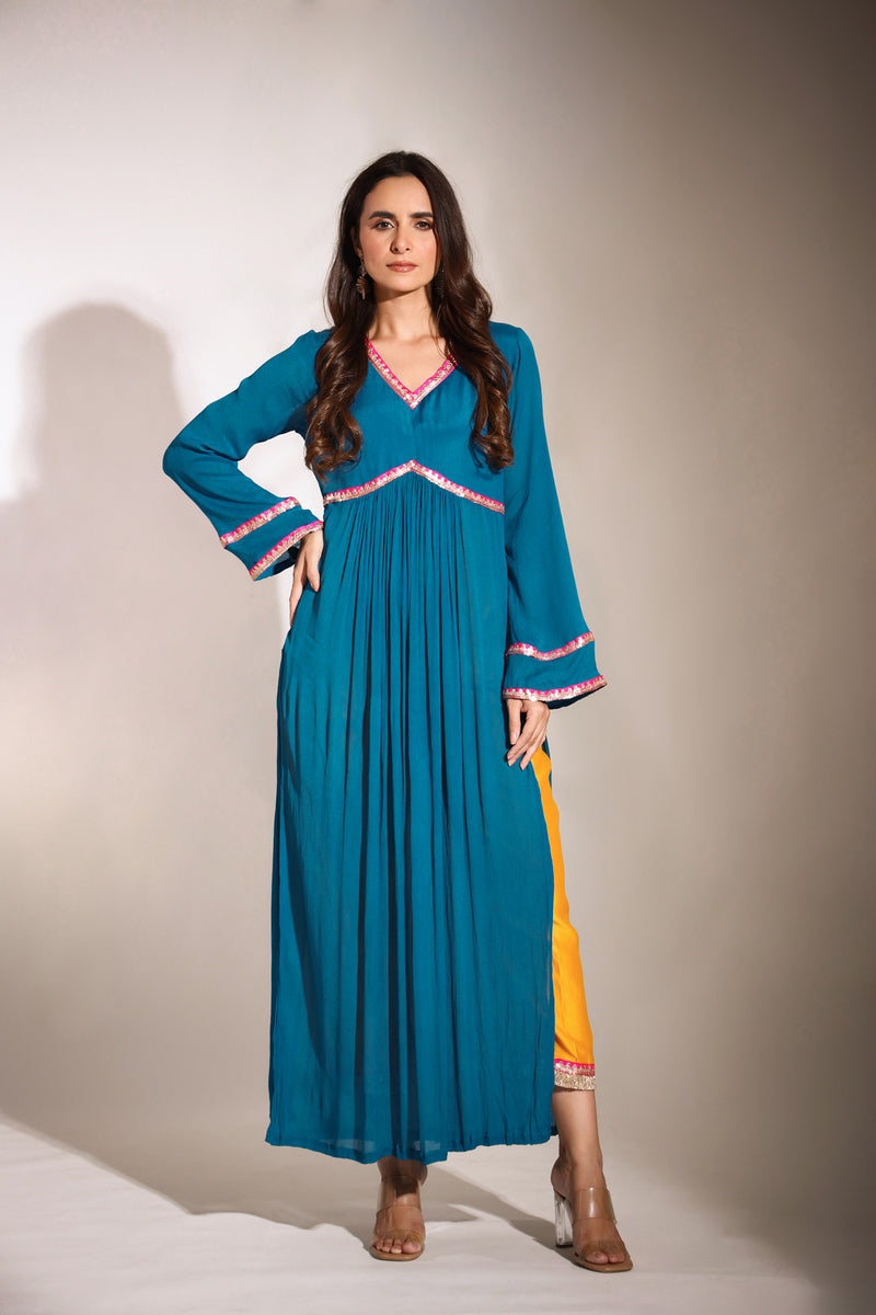 Haseena Teal blue and bright mustard color block kurta pant set