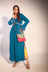 Haseena Teal blue and bright mustard color block kurta pant set