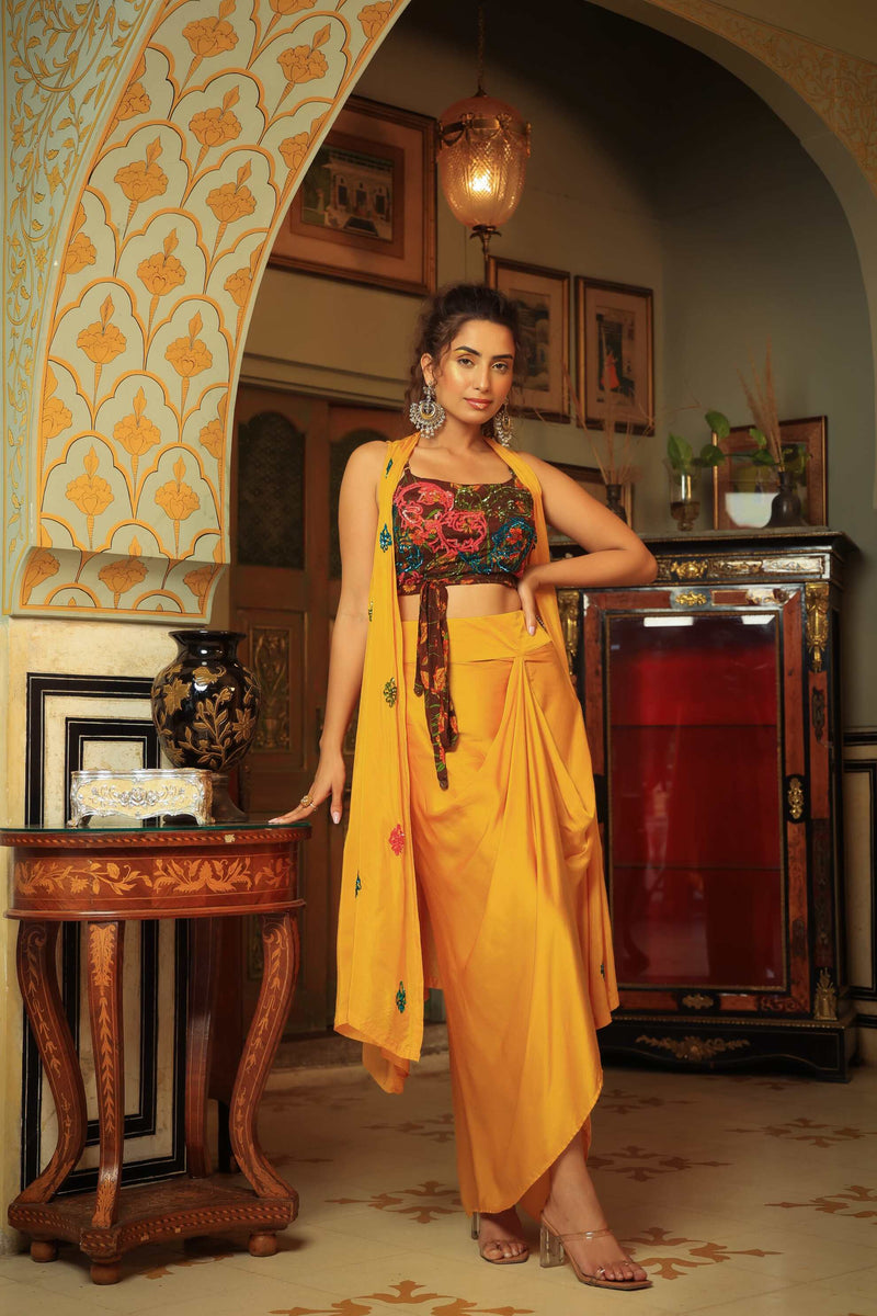 Dilruba coco brown yellow rangeen sitara tie up top with drape skirt cape set