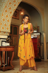 Dilruba coco brown yellow rangeen sitara tie up top with drape skirt cape set