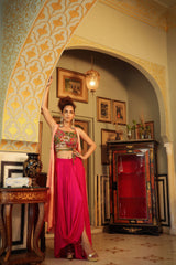 Dilruba sage green peach hot pink rangeen sitara tie up top with drape skirt and cape set
