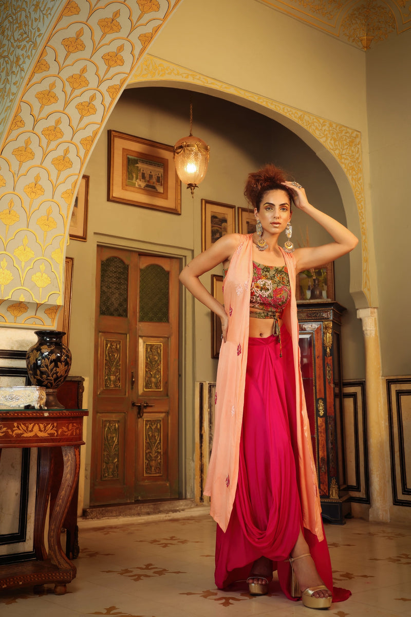 Dilruba sage green peach hot pink rangeen sitara tie up top with drape skirt and cape set