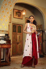 Dilruba ivory red pink rangeen tie up top with drape skirt and cape set