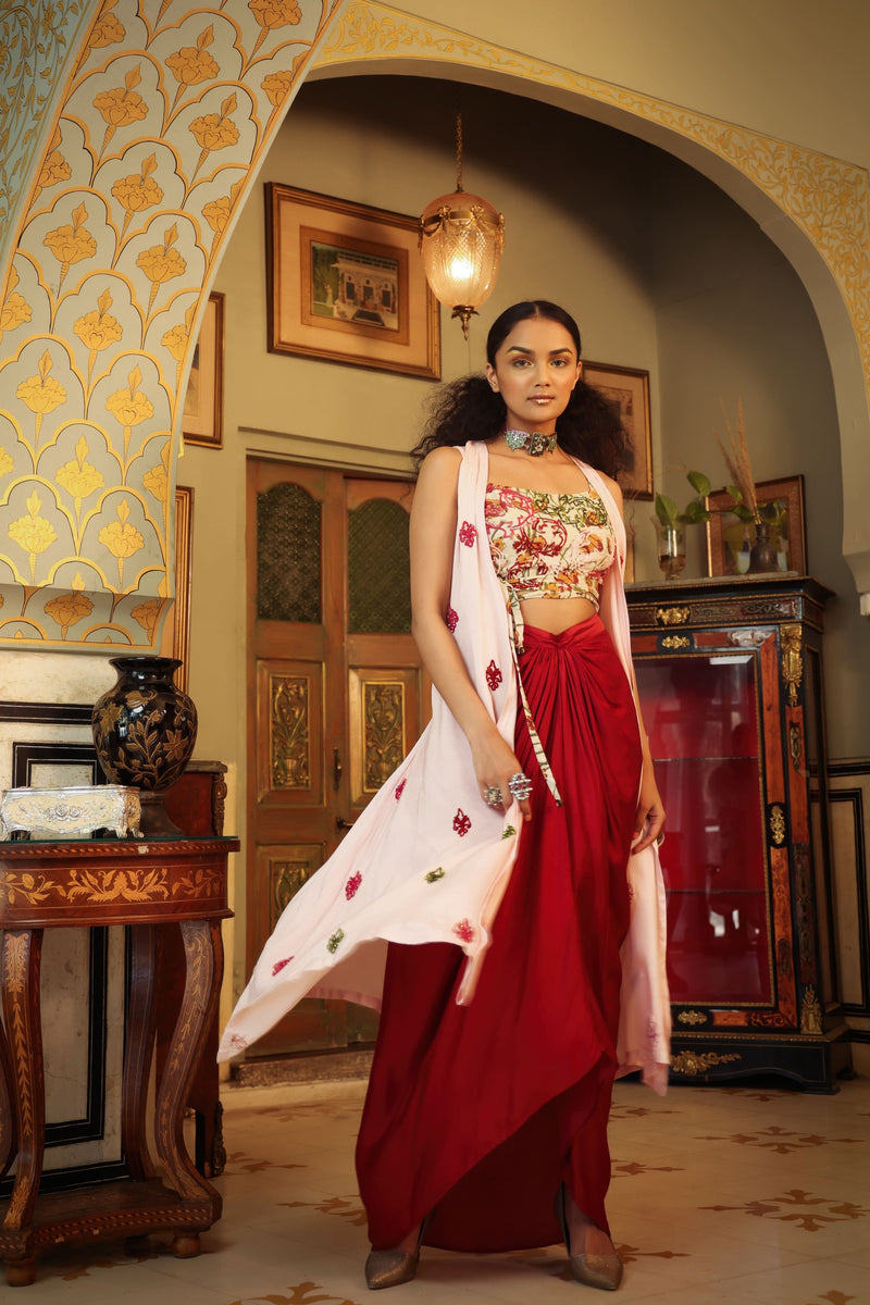Dilruba ivory red pink rangeen tie up top with drape skirt and cape set